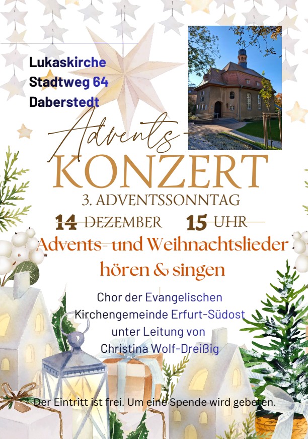 Adventskonzert in der Lukaskirche am 14.12.  ab 15 Uhr